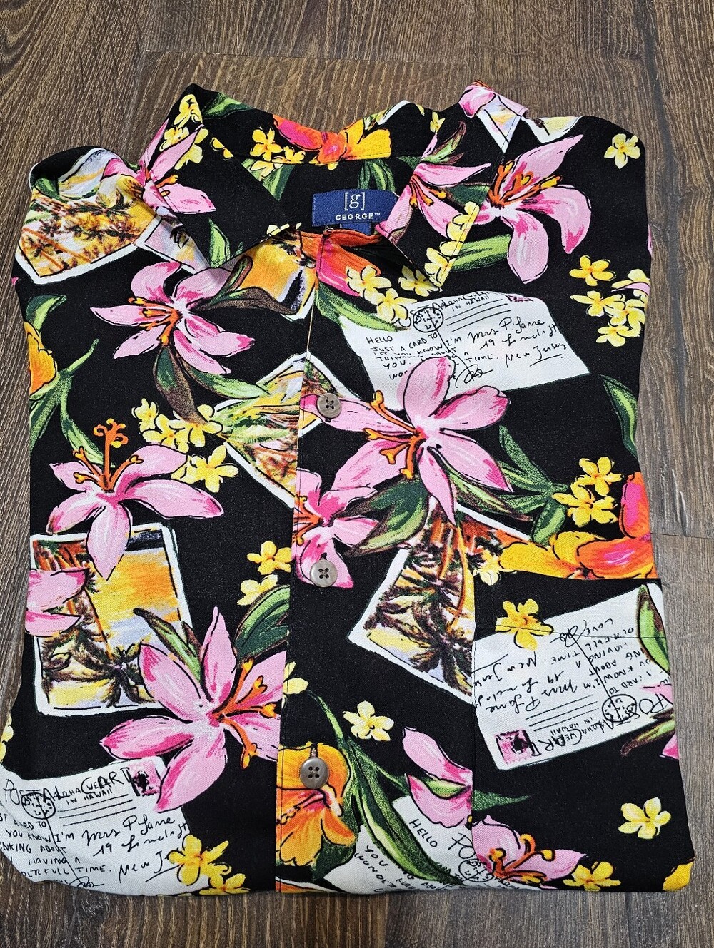 George Mens L Pink Black Tropical Hibiscus Floral Short Sleeve Button Down Shirt